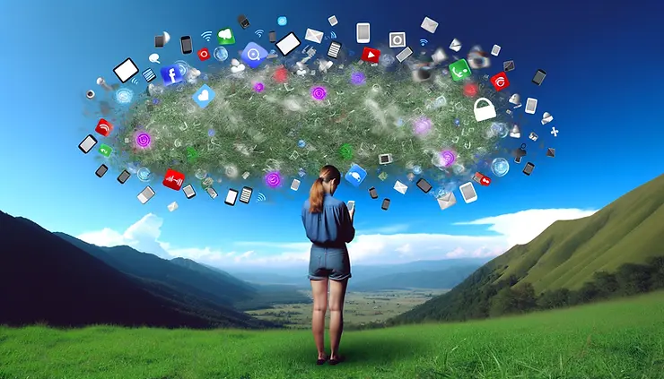 A woman overwhelmed by digital clutter on her phone